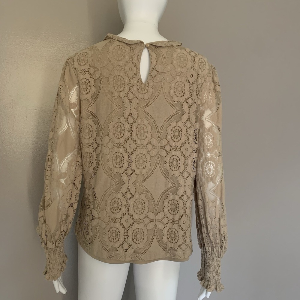 ULTRA PINK‎ Cute Floral Lace Beige Top Smocked Long Sheer Sleeve Mock Blouse L - Picture 5 of 16